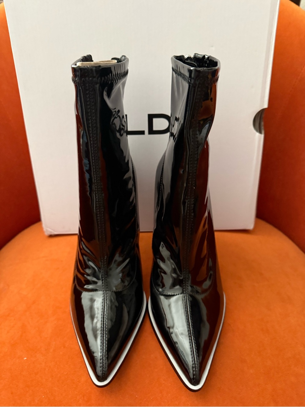Aldo Black Patent Pointed Toe Sock Booties with White Sole Trim